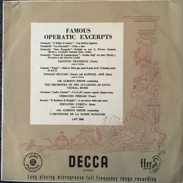Capa de Alberto Erede, Coro E Orchestra Dell'Accademia Di Santa Cecilia, L'Orchestre De La Suisse Romande, Giacinto Prandelli, Tomaso Spataro, Raphäel Arié, Ferrando Ferrari, Fernando Corena — Famous Operatic Excerpts